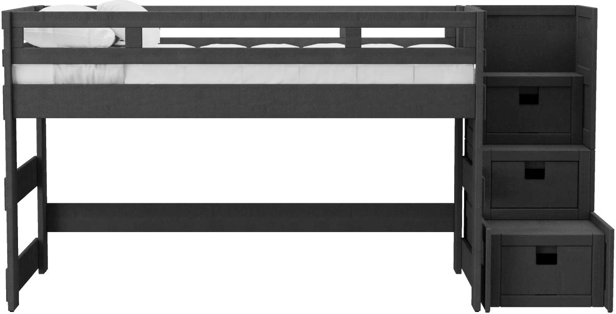 Elements International Cali Kids Full Junior Loft Bed with Staircase in Sleek Gray