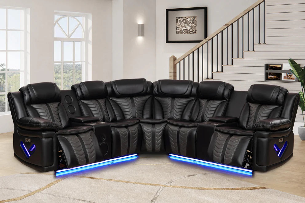 Premium Reclining Leather Theater Sectional with LED Lighting