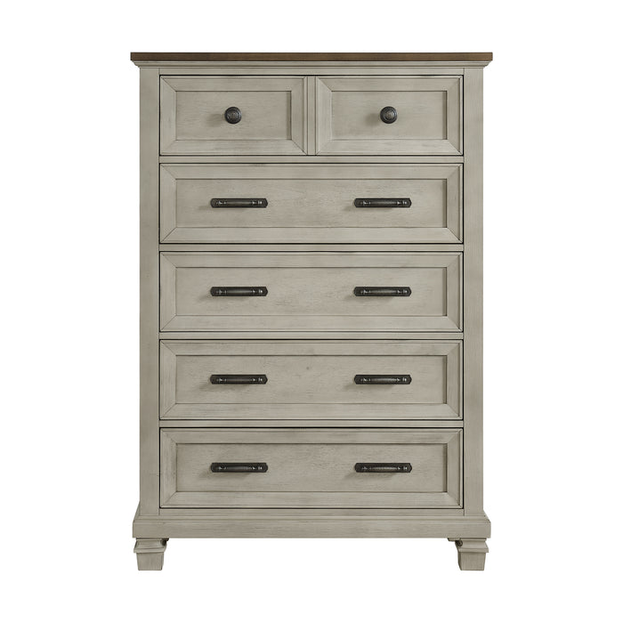 Farmington 5-Drawer Chest in Medium Brown and Washed Stone