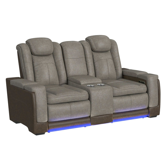 Lantana Power Motion Loveseat with Power Headrest, Led, and Console in Rocky Grey/Brown