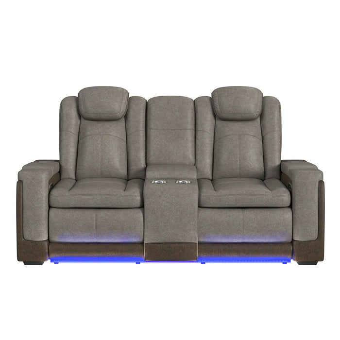 Lantana Power Motion Loveseat with Power Headrest, Led, and Console in Rocky Grey/Brown
