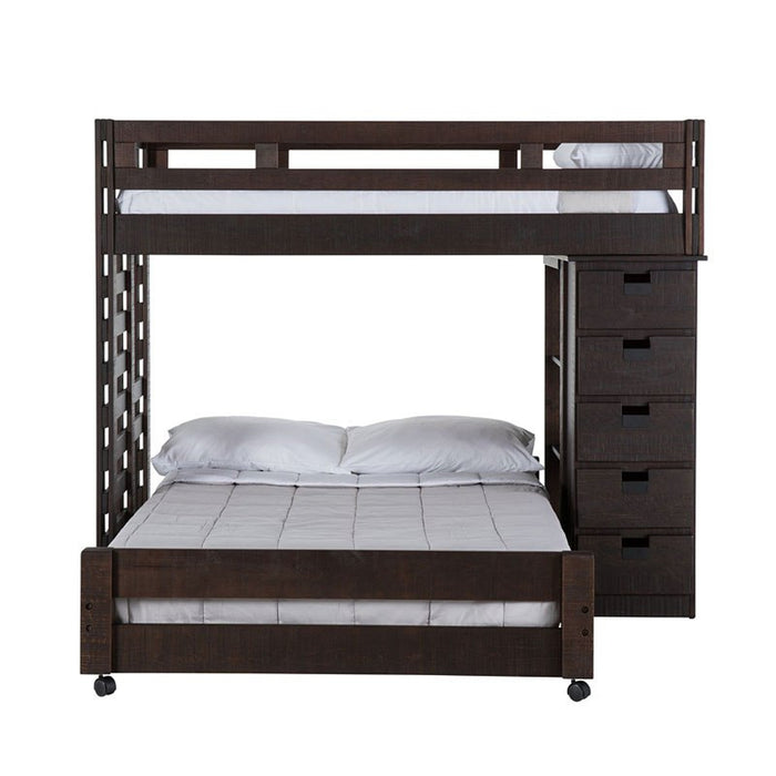 Elements International Vista Twin over Full Basic Loft Bed with Bookcase in Brown