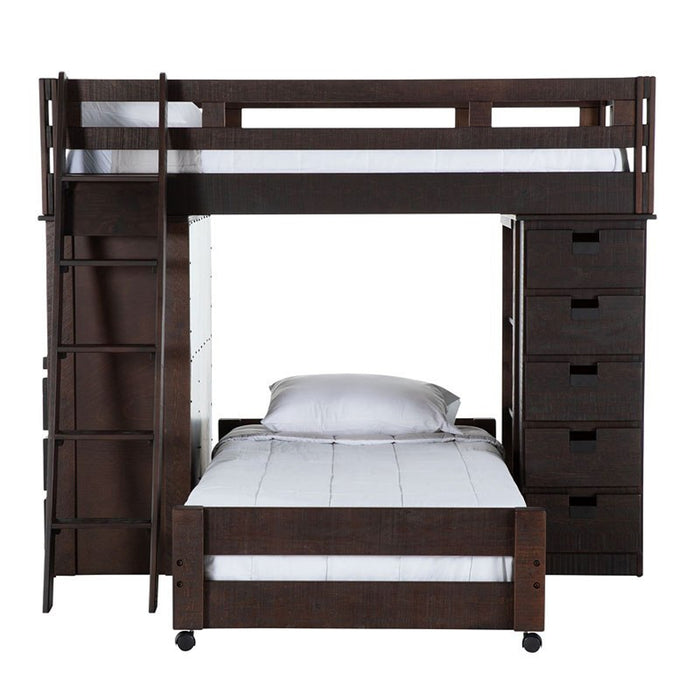 Elements International Vista Twin over Twin Super Loft Bed with Desk and Bookcase in Brown