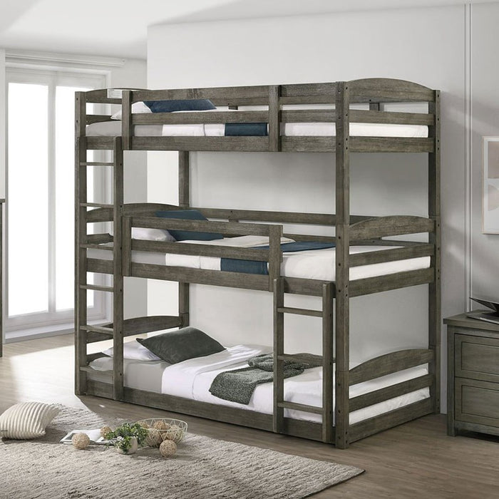 Elements International Trey Twin Over Twin Over Twin Bunk Bed in Wire Brushed Grey